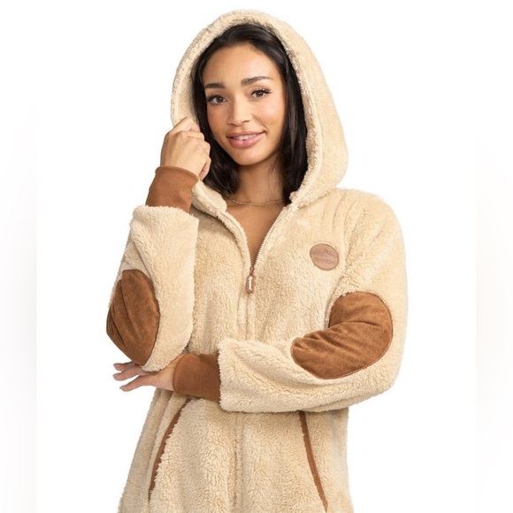 Tipsy Elves Tan Sherpa Hooded Cozy Jumpsuit - Picture 2 of 11